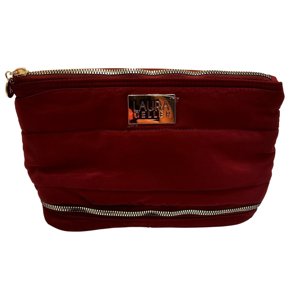 Laura Geller Quilted Burgundy Makeup Bag and 4 Piece Professional Brush Set Gold